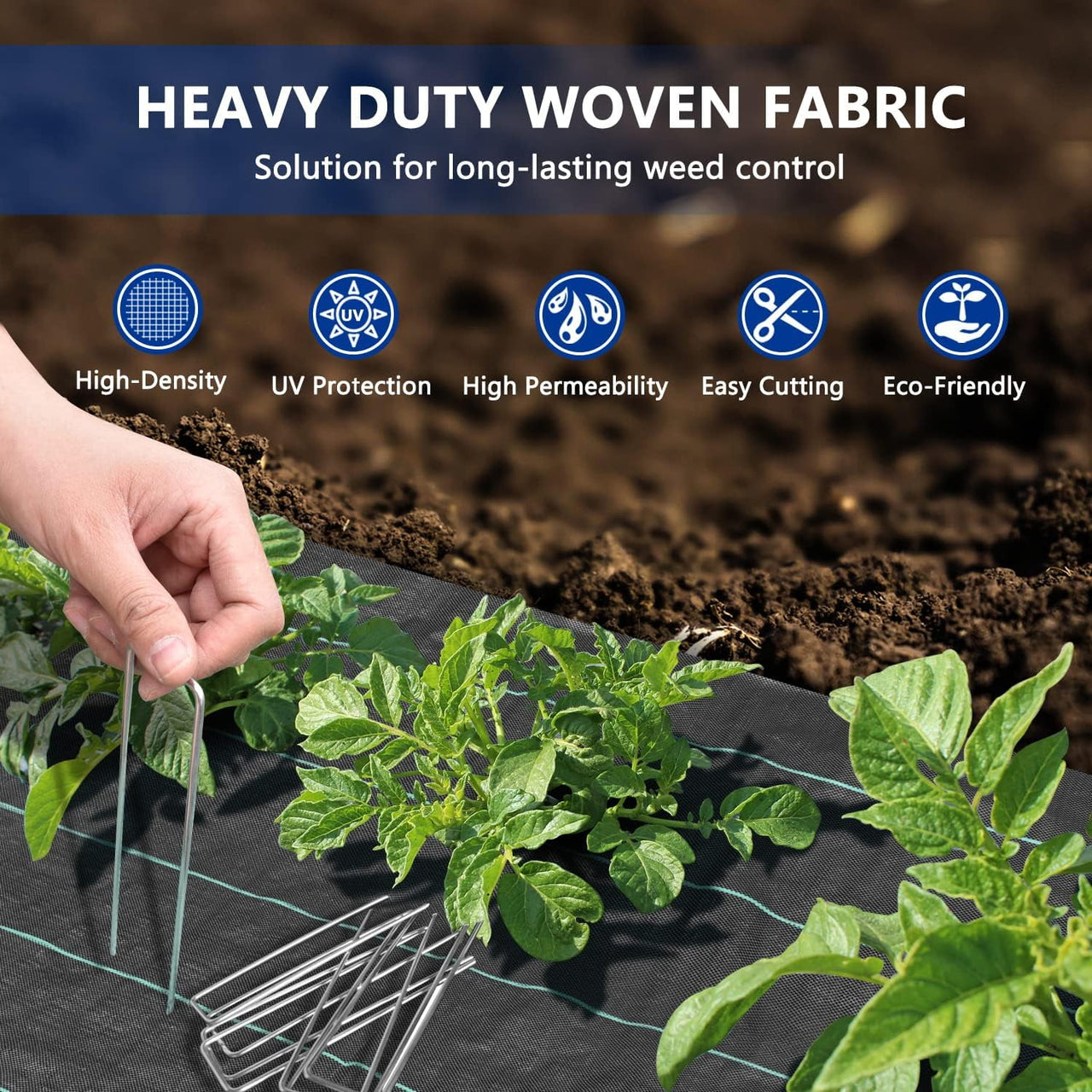 BSHAPPLUS® 3.3x50ft Weed Barrier Fabric,3.2OZ Landscape Fabric,Heavy Duty Geotextile Fabric with 12 U-Shaped Securing Pegs,Woven Ground Cover for Commercial Greenhouse,Yard,Garden Barrier Cloth