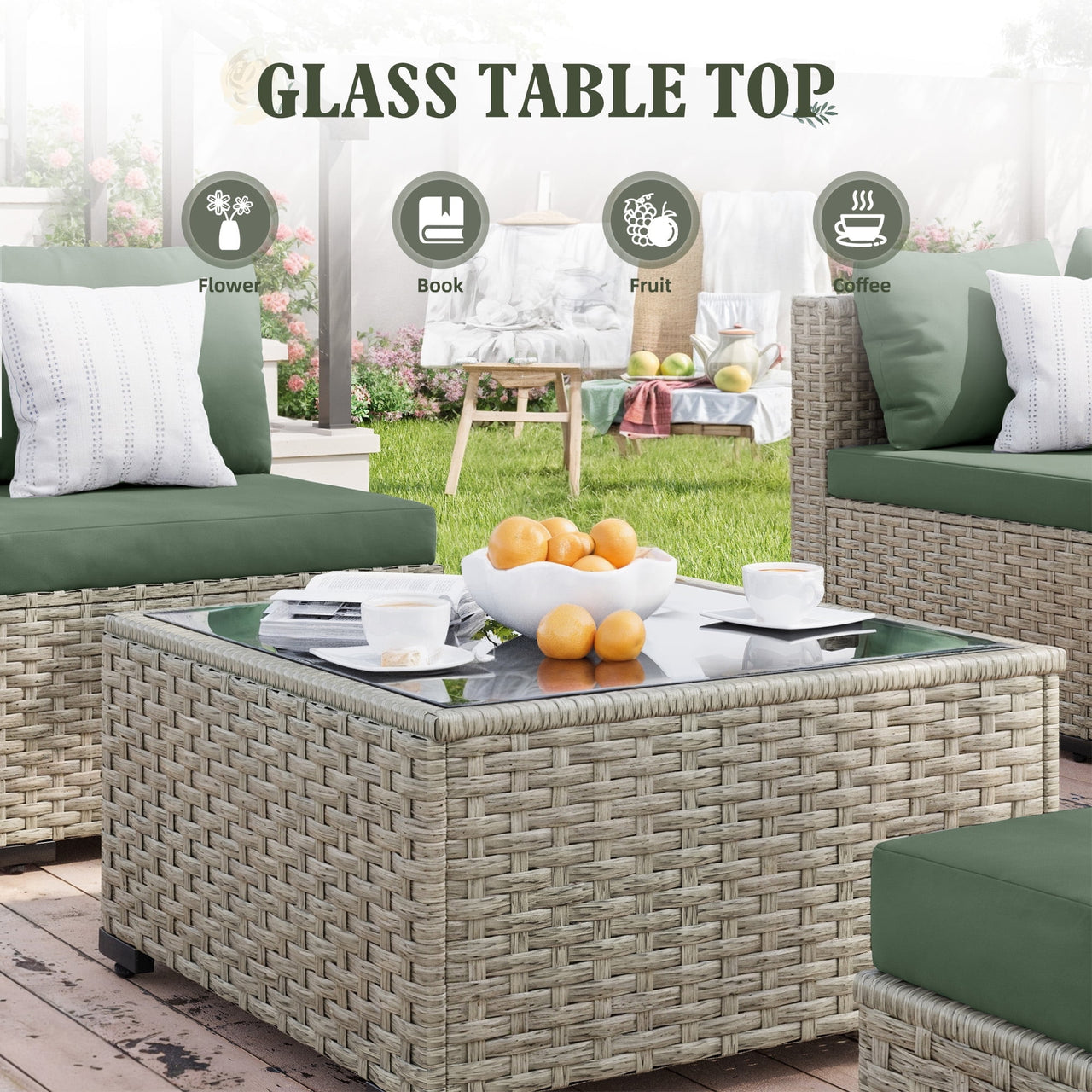 Amopatio 7 Pieces Patio Conversation Set, Outdoor Sectional PE Rattan Wicker Furniture Seat,GREEN