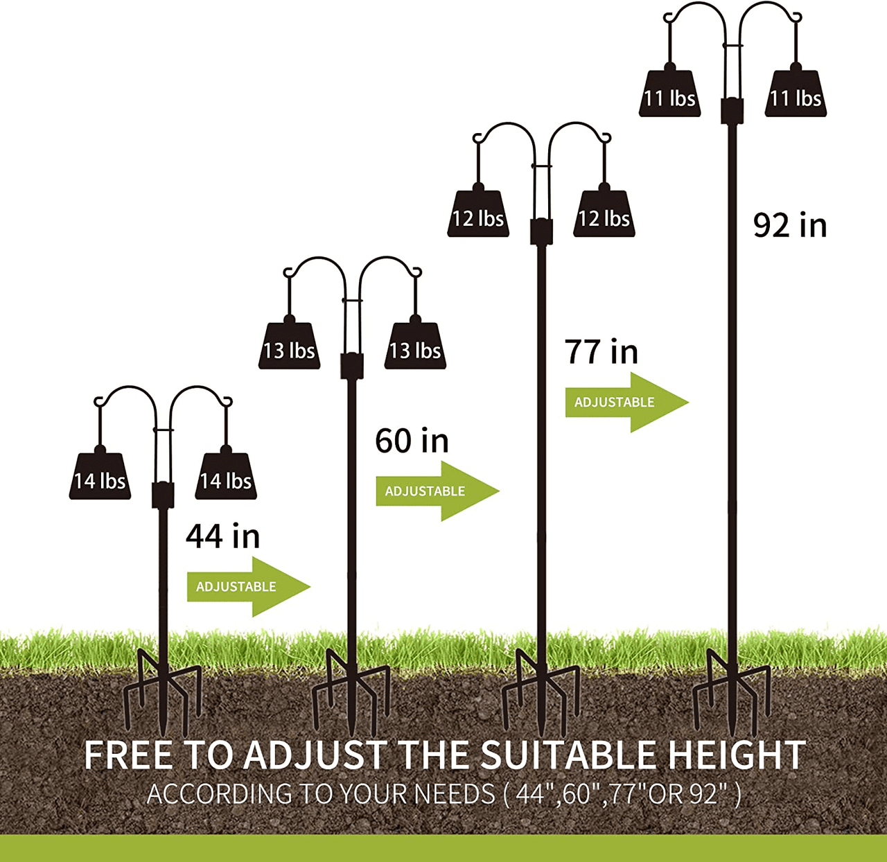 92 Inch Double Shepherds Hooks for Outdoor, Heavy Duty Bird Feeder Pole with 5 Base Prongs, Adjustable Garden Hanging Holder for Bird Feeders, Lanterns, Plant Hanger Stands, Weddings Decor