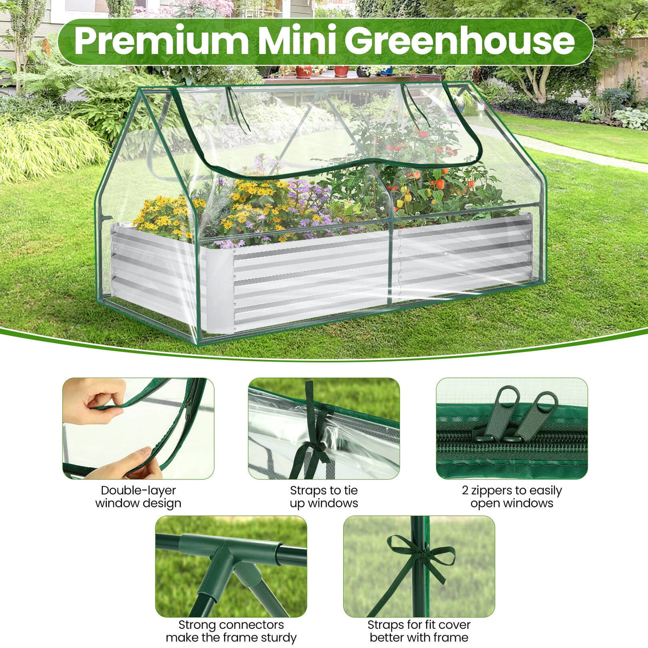 Funcid Galvanized Raised Garden Bed with Cover, Outdoor Metal Planter Box 2 Roll-Up Windows Mini Greenhouse for Growing Flowers Fruits Vegetables and Herbs, 6x3x3ft(Clear)