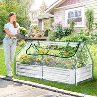 Funcid Galvanized Raised Garden Bed with Cover, Outdoor Metal Planter Box 2 Roll-Up Windows Mini Greenhouse for Growing Flowers Fruits Vegetables and Herbs, 6x3x3ft(Clear)