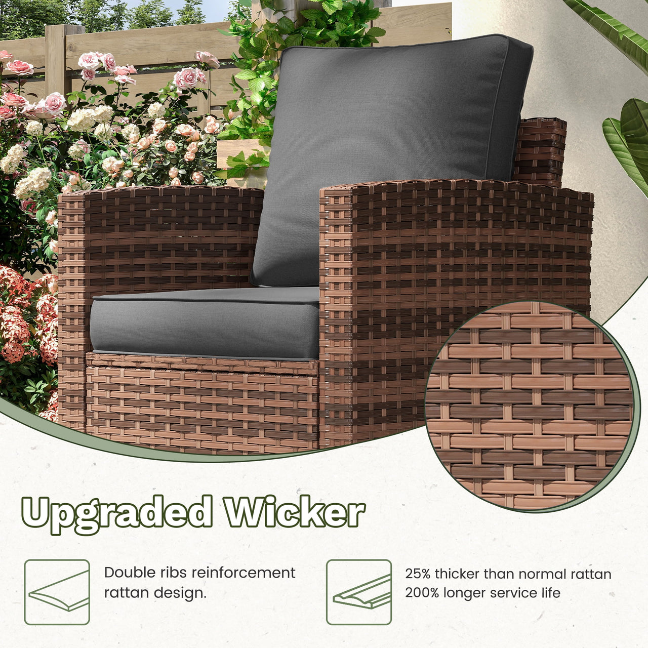 POTEBAN Patio Furniture Set with 44" Fire Pit Table, 7 Pieces Outdoor Sectional Couch, Black Wicker Rattan Conversation Sofa with Swivel Chair for Garden Backyard Deck, Dark Grey