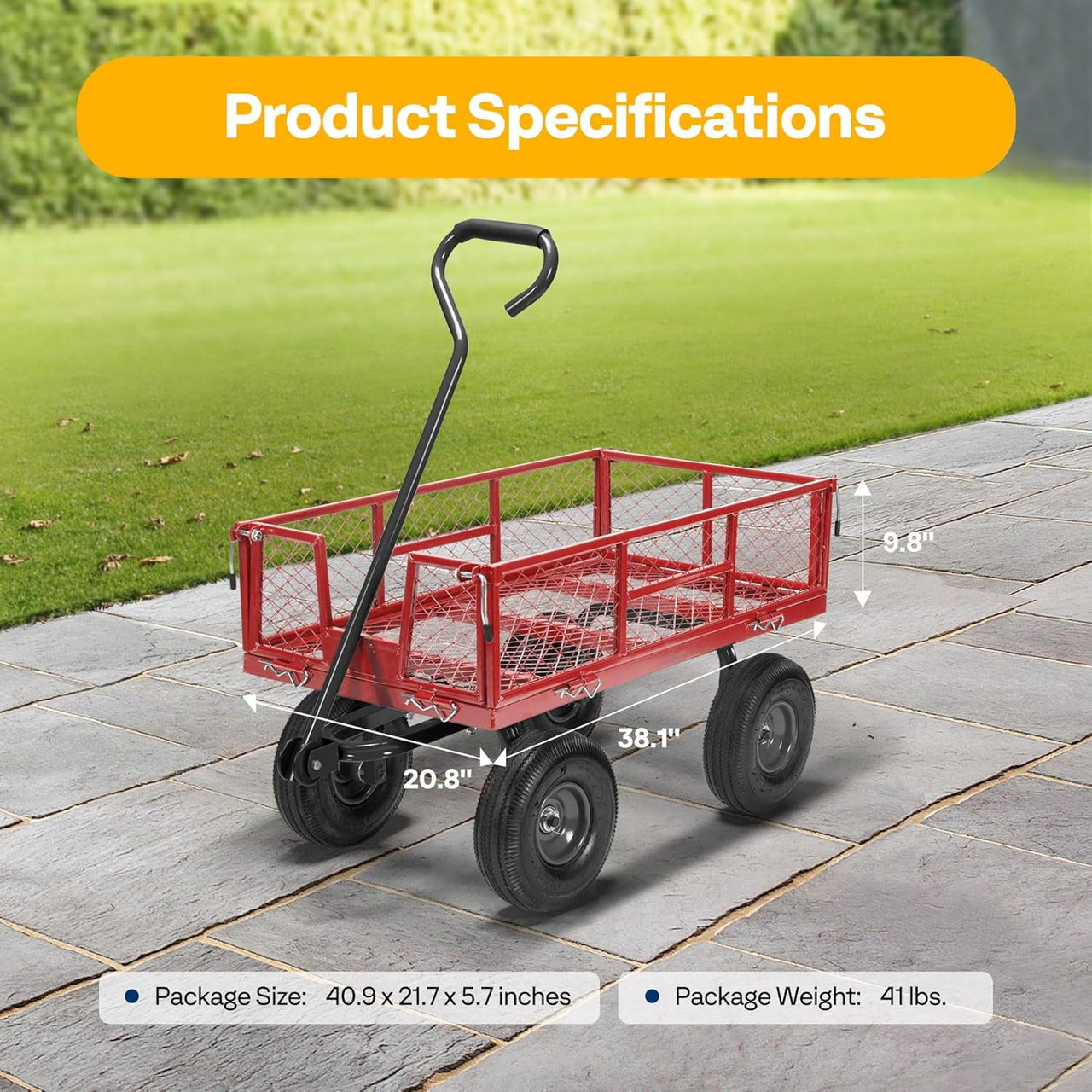 SPECSTAR Mesh Steel Garden Cart 880 lbs Capacity, 38" x 21" Folding Utility Wagon with 10 Inch Wheels