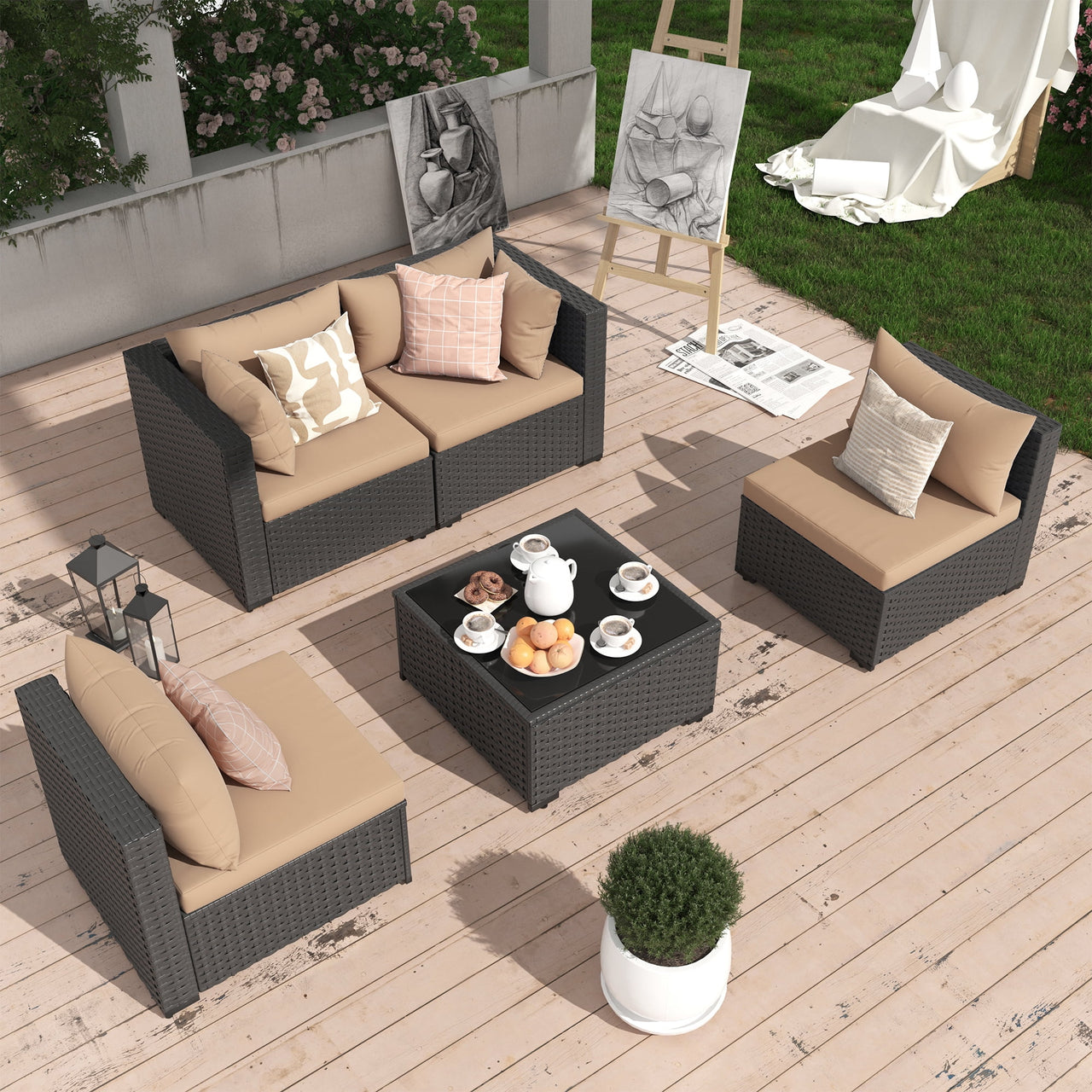 MRUAKA 5 Pieces Patio Conversation Set, Outdoor Sectional PE Rattan Wicker Furniture Seat,Khaki