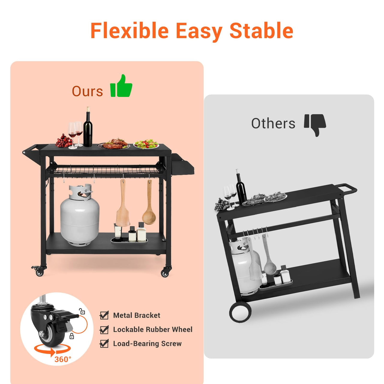 2/3-Shelf Grill Cart, with Wheels & Mesh Rack, Outdoor Pizza Oven Table and Food Prep Table, Black Table with Propane Tank Hook, Grill Stand for Griddle for Outside BBQ