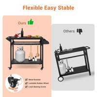 2/3-Shelf Grill Cart, with Wheels & Mesh Rack, Outdoor Pizza Oven Table and Food Prep Table, Black Table with Propane Tank Hook, Grill Stand for Griddle for Outside BBQ