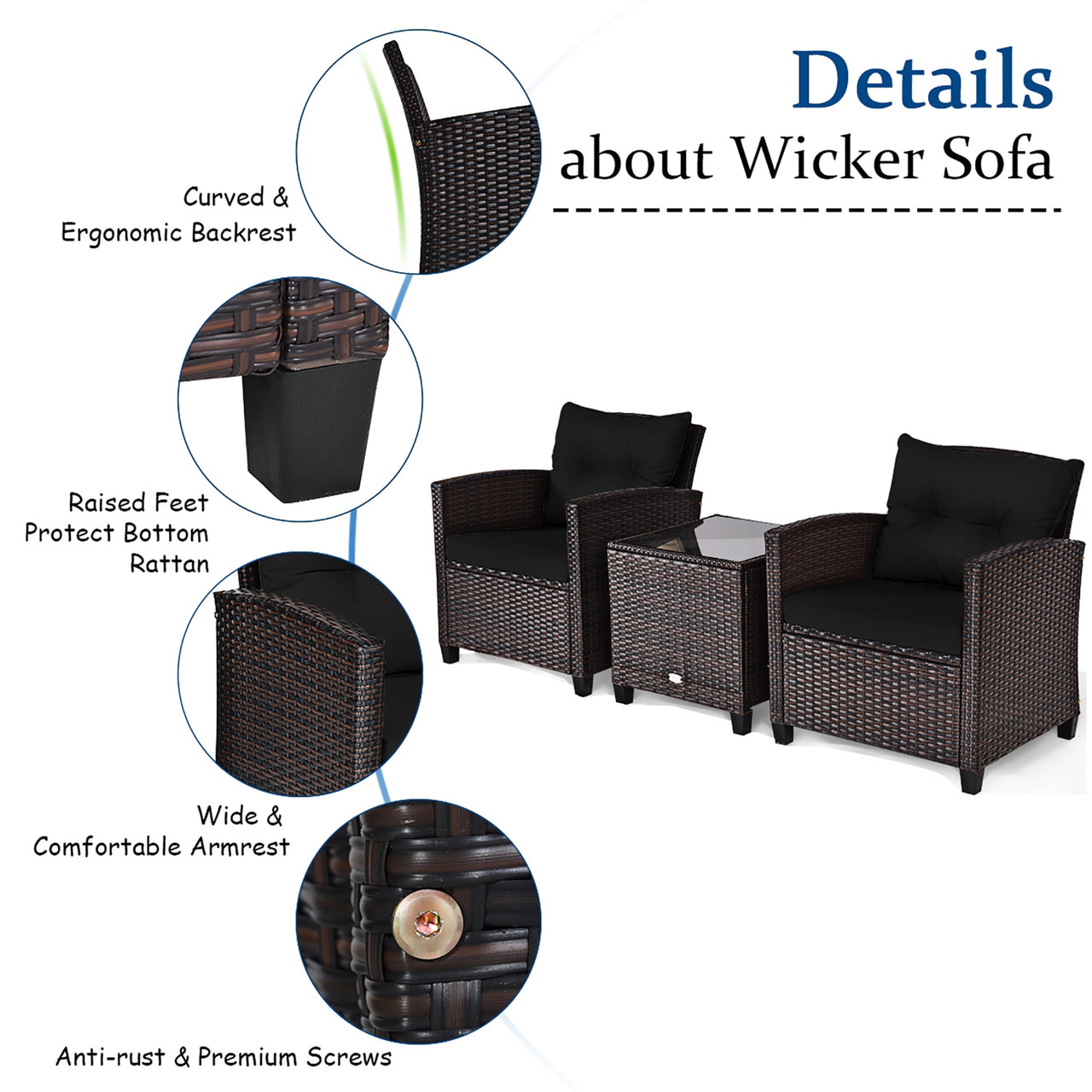 Costway 3PCS Patio Rattan Furniture Set Cushion Conversation Set Sofa Coffee Table Black
