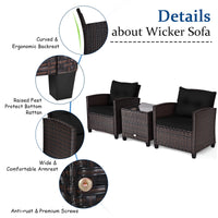 Costway 3PCS Patio Rattan Furniture Set Cushion Conversation Set Sofa Coffee Table Black