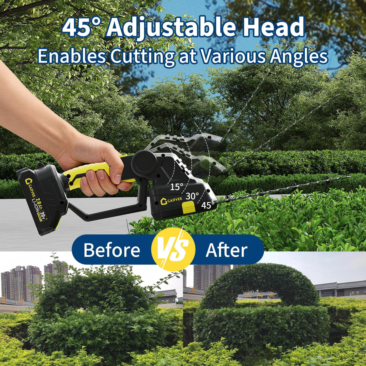Cordless Hedge Trimmer 2-in-1, 20V 2.0Ah Electric Grass Shears & Hedge Trimmers with 2 Batteries & Charger, 120 Minutes Runtime, Adjustable Angle (15°/30°/45°)Lightweight Ergonomic Design for Garden