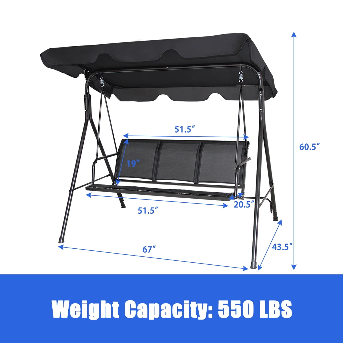 Costway Outdoor Patio Swing Canopy 3 Person Canopy Swing Chair Patio Hammock Black