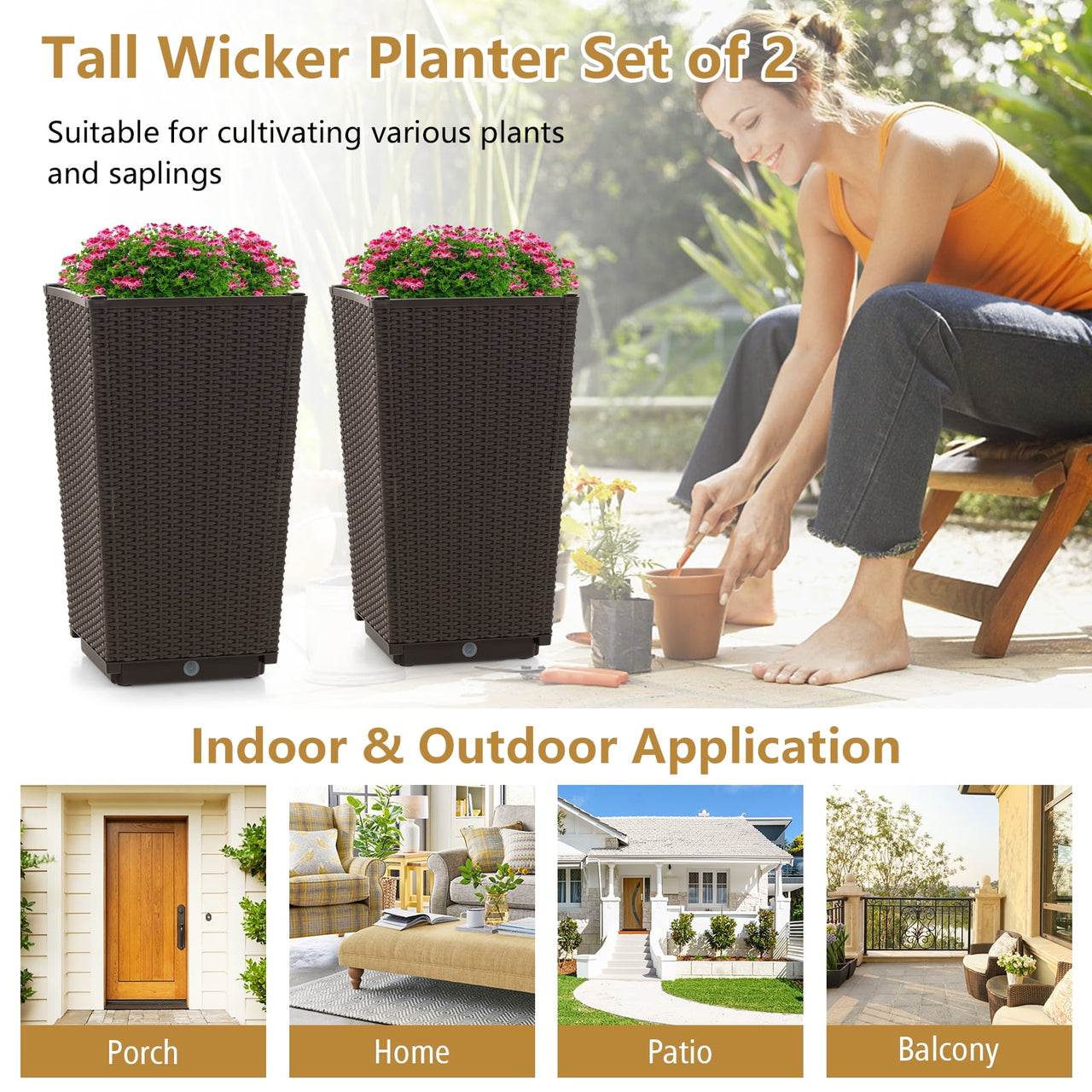 Costway 2PCS Outdoor Wicker Flower Pot 22.5''Tall Planters with Drainage Hole Coffee