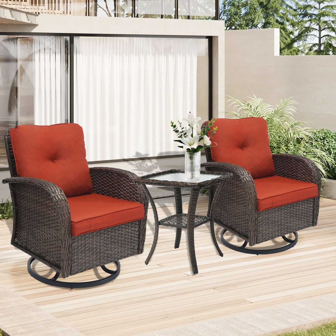 3 Piece Outdoor Swivel Rocker Chairs, Swivel Glider Patio Chairs, Heavy Duty Patio Chairs 400 lbs with Side Table, Red