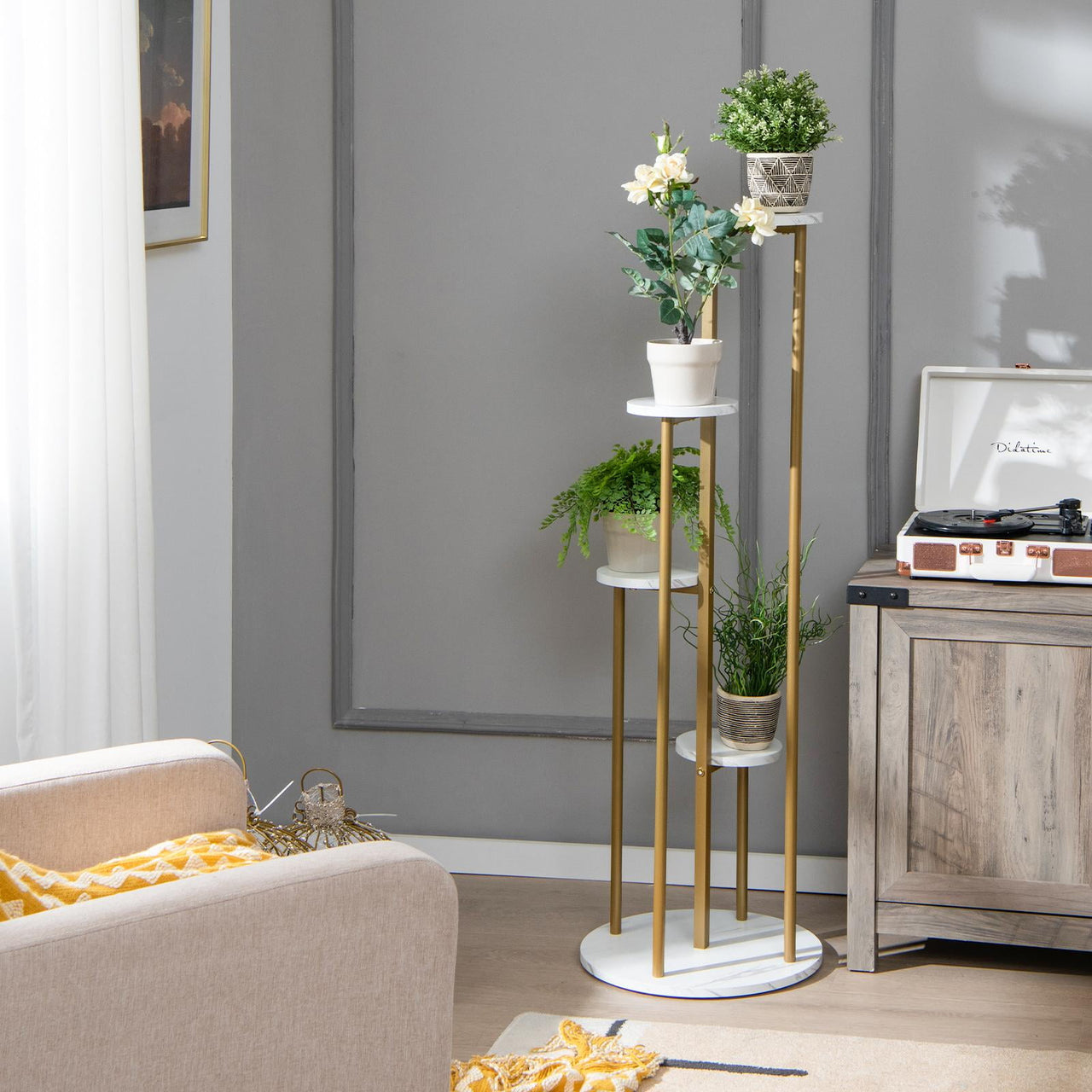 Giantex  4-Tier Metal Plant Stand, Planter Holder  W/ Golden Metal Frame, Faux Marble Finish, Potted Planter Display Rack