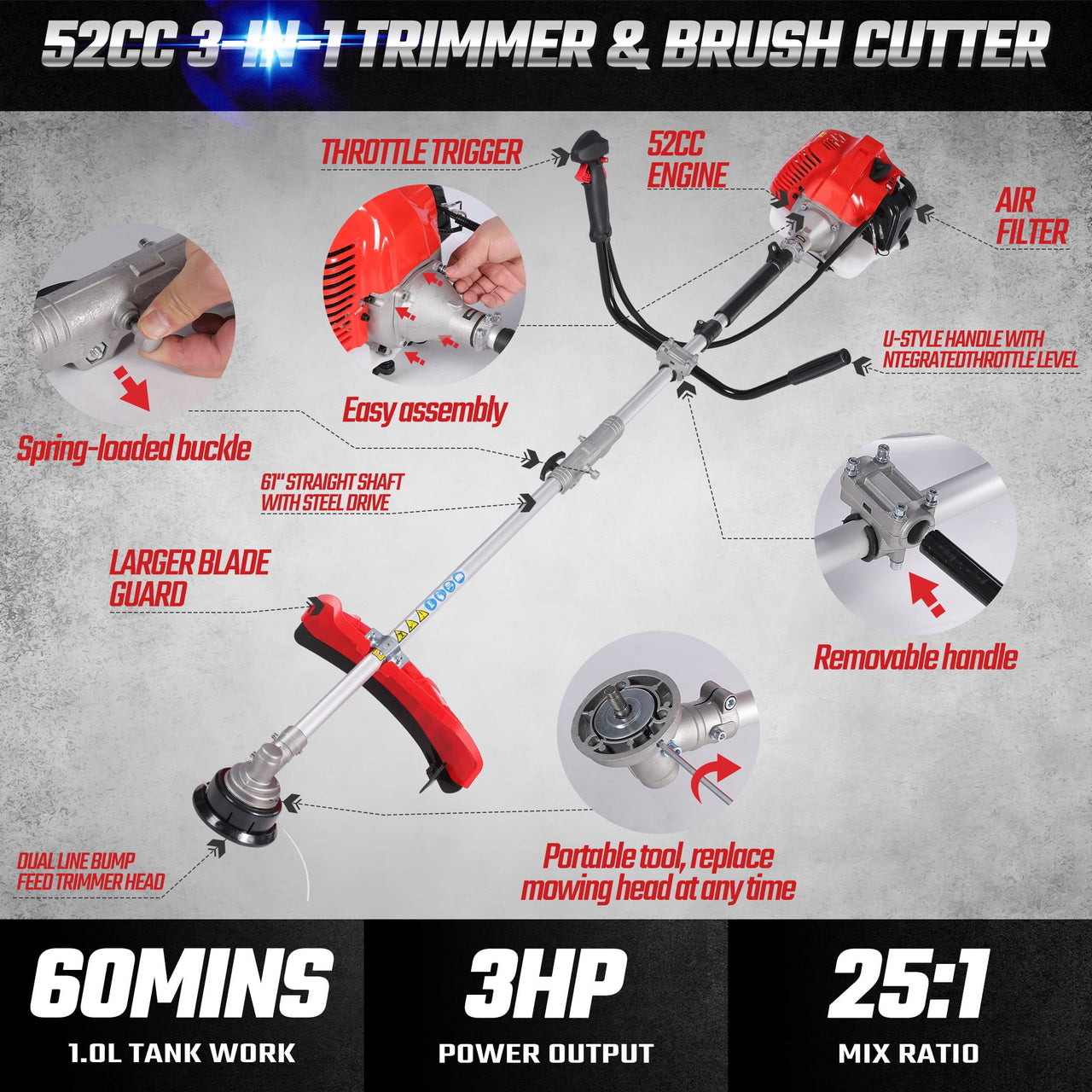 52cc 2-Cycle Weed Wacker Gas Powered, 3-in-1 Gas String Trimmer/Edger, 3T/40T
Brush Cutter 10", Powerful Gas Weed Trimmer for Lawn Care, 18" Cutting Path
Grass Trimmer with Shoulder Strap
