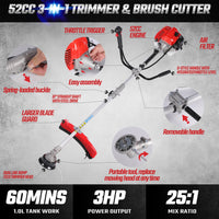 52cc 2-Cycle Weed Wacker Gas Powered, 3-in-1 Gas String Trimmer/Edger, 3T/40T
Brush Cutter 10