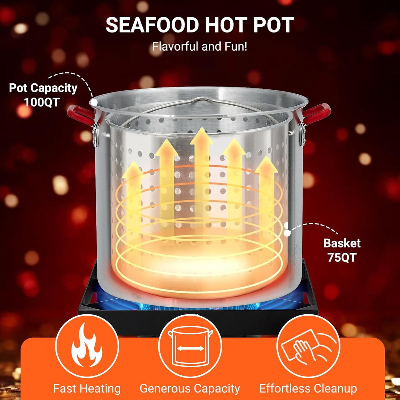 100Qt Seafood Boil Pot, 11,0000 BTU Aluminum Outdoor Seafood Boil Kit， Seafood Boil Pot with Strainer Basket, Propane Stove Burner for Outdoor Cooking Seafood Shrimp, Crab, Crawfish