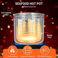 100Qt Seafood Boil Pot, 11,0000 BTU Aluminum Outdoor Seafood Boil Kit， Seafood Boil Pot with Strainer Basket, Propane Stove Burner for Outdoor Cooking Seafood Shrimp, Crab, Crawfish