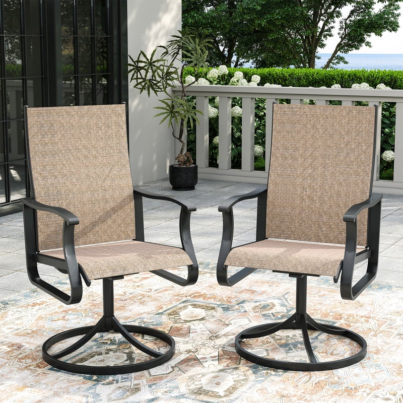 MRUAKA Patio Swivel Chairs Set of 2, Outdoor Dining Chairs Mid Back All Weather Breathable Textilene Outdoor Swivel Chairs with Metal Rocking Frame for Lawn Garden Backyard Deck, Khaki