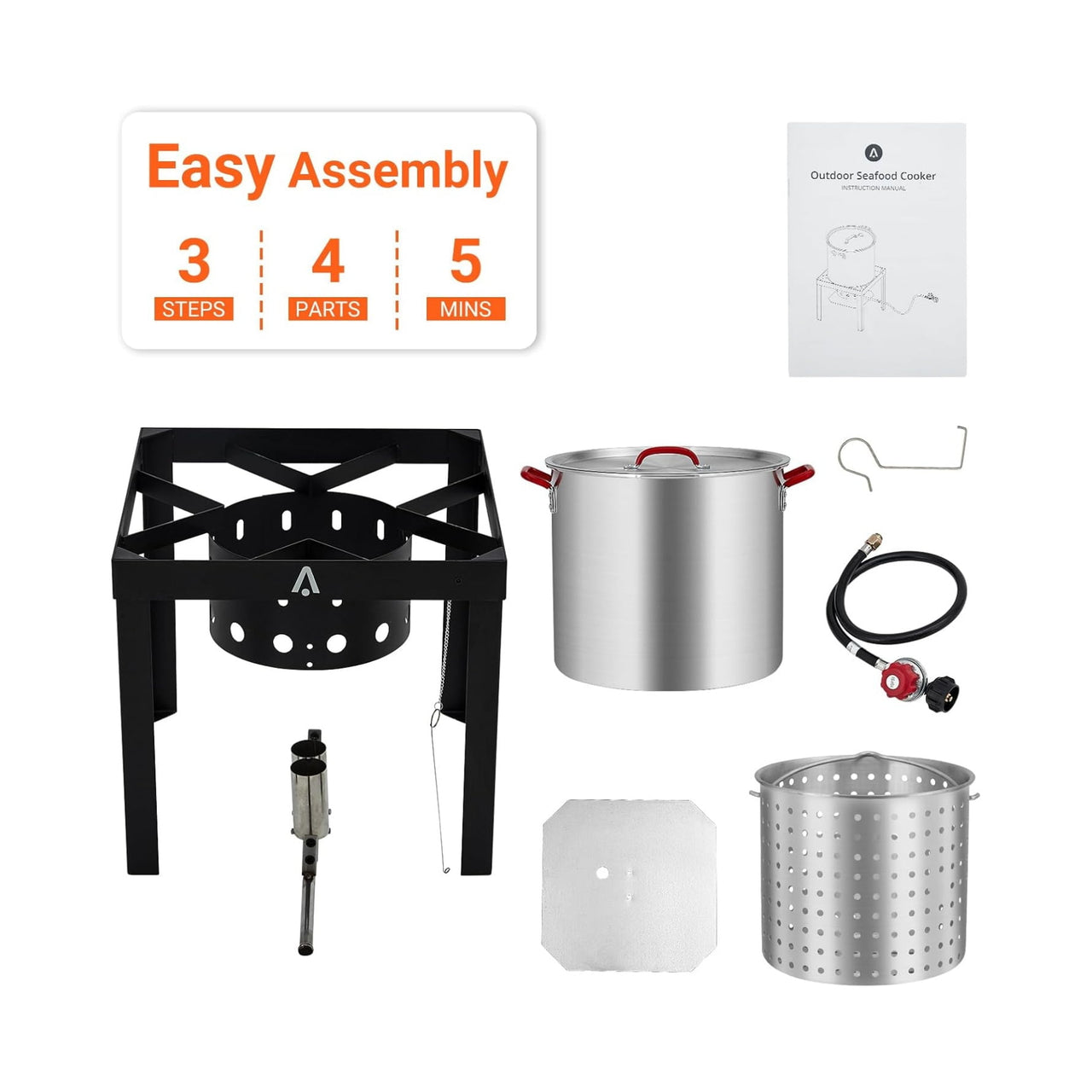 100Qt Seafood Boil Pot, 11,0000 BTU Aluminum Outdoor Seafood Boil Kit， Seafood Boil Pot with Strainer Basket, Propane Stove Burner for Outdoor Cooking Seafood Shrimp, Crab, Crawfish