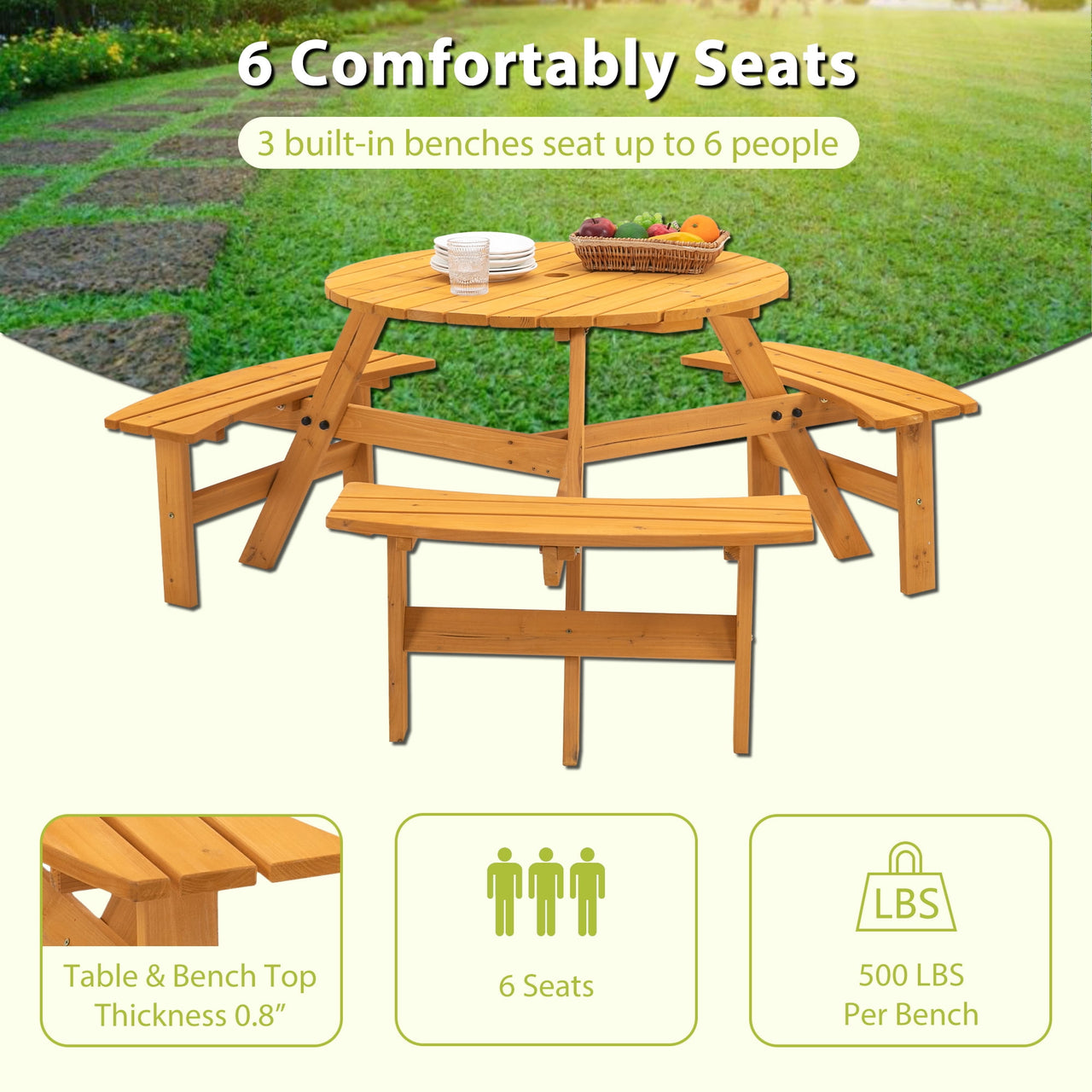 JXXRZ 6-Person Circular Outdoor Wooden Picnic Table w/ 3 Built-In Benches, 500lbs Capacity Per Bench- Natural
