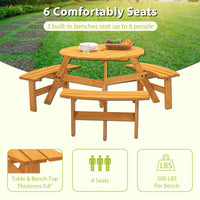 JXXRZ 6-Person Circular Outdoor Wooden Picnic Table w/ 3 Built-In Benches, 500lbs Capacity Per Bench- Natural