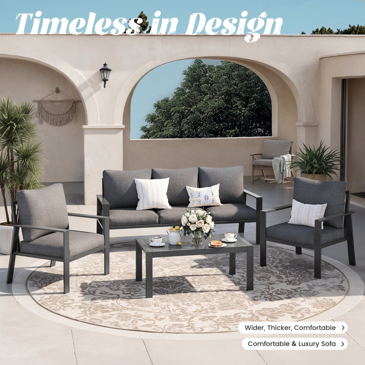 MRUAKA Aluminum Patio Furniture Set, 6 Pcs Modern Outdoor Sofa Sets, Outdoor Sectional Patio Conversation Set with Coffee Table for Backyard, Poolside, Dark Grey