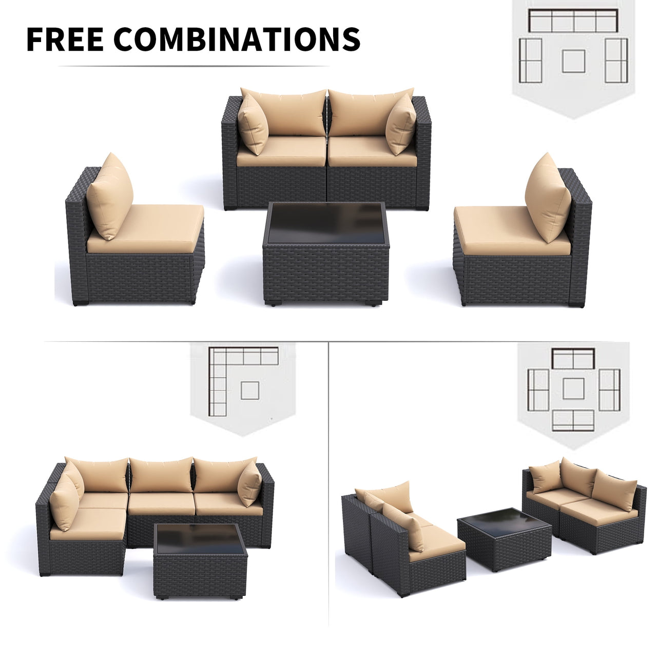 MRUAKA 5 Pieces Patio Conversation Set, Outdoor Sectional PE Rattan Wicker Furniture Seat,Khaki