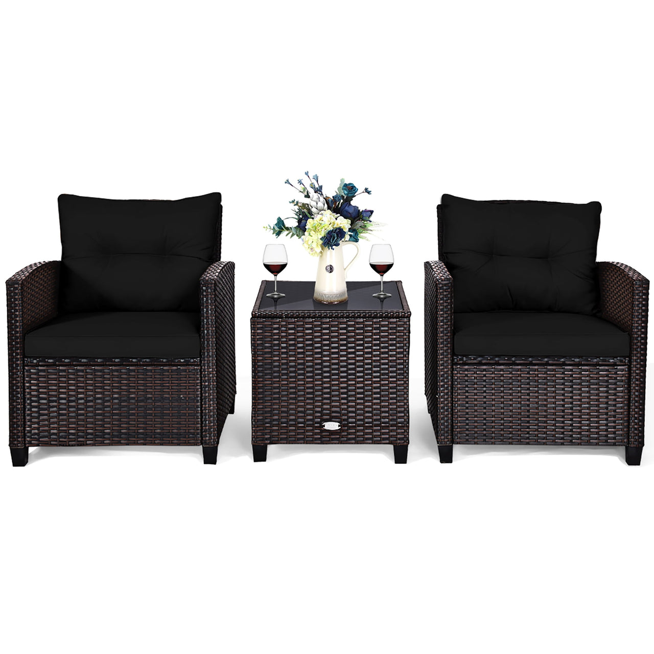 Costway 3PCS Patio Rattan Furniture Set Cushion Conversation Set Sofa Coffee Table Black