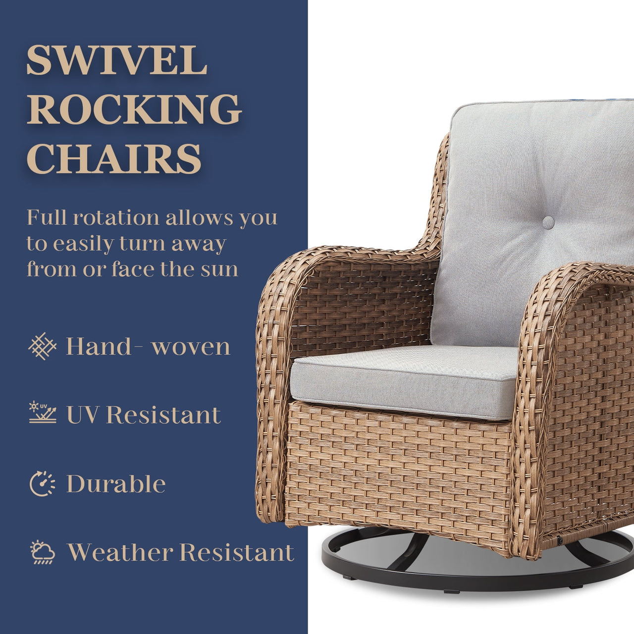 Gymojoy 2 Pieces Outdoor Patio Wicker Swivel Glider Rocker Chair with High Back Deep Seat, Beige