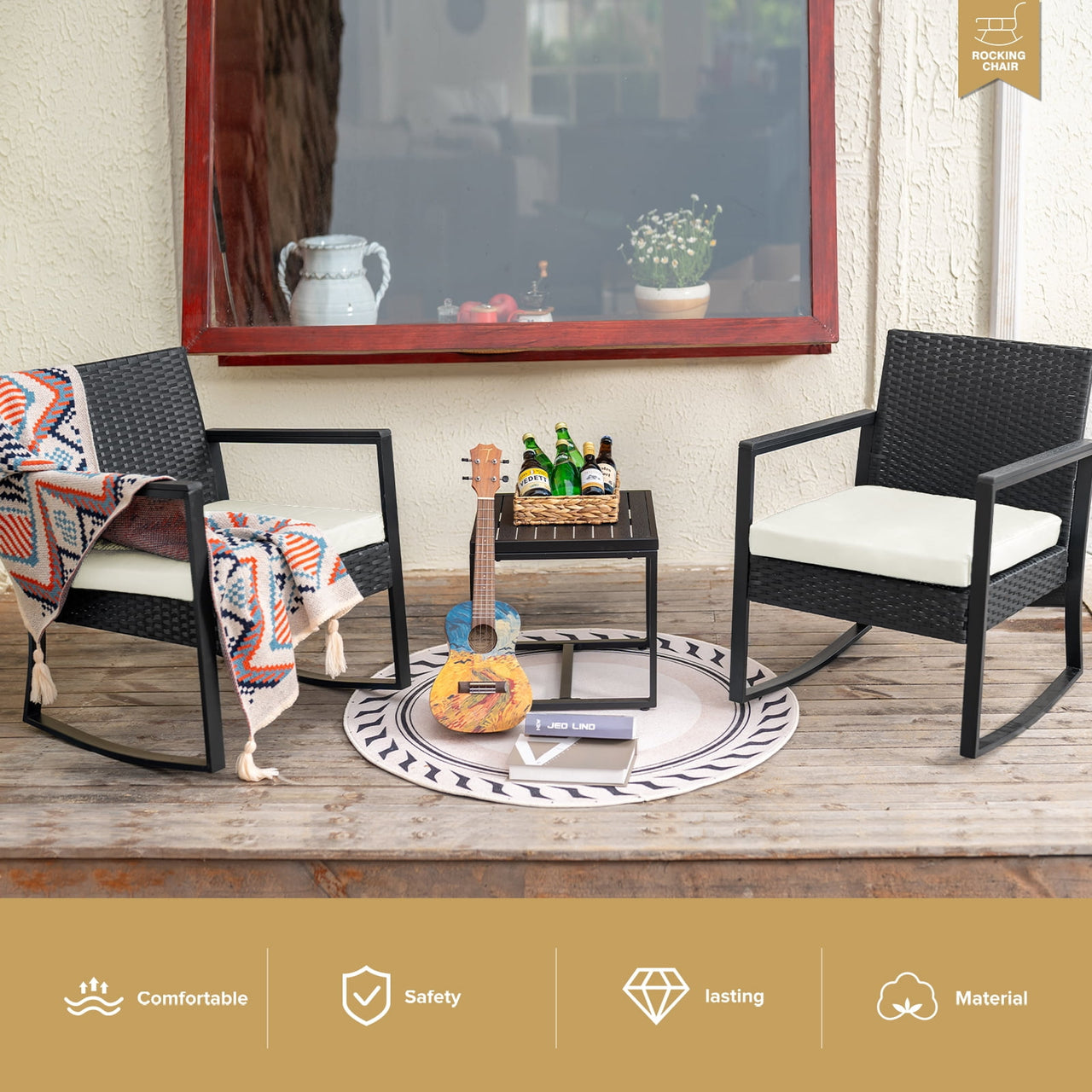 JORVIMAX Patio Conversation Set Outdoor Furniture Set Porch Bistro Set Rocking Chairs With Coffee Table Beige