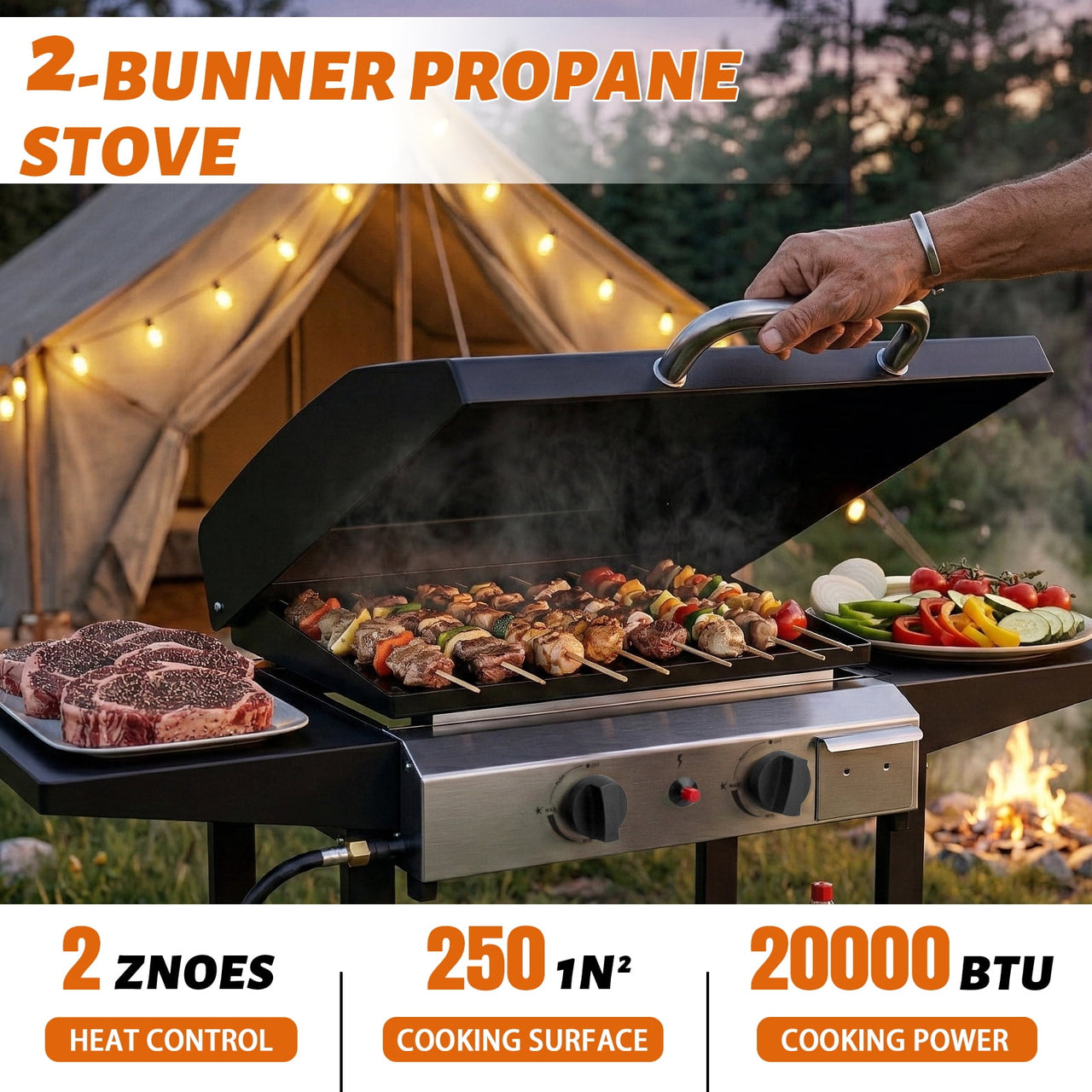 Ktaxon 2 Burner Propane Griddle Flat Top Gas Grill 20000 BTU with Lid,Ceramic Coated Cast Iron Pan,Side Shelves,Spice Rack,Wheels