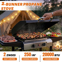 Ktaxon 2 Burner Propane Griddle Flat Top Gas Grill 20000 BTU with Lid,Ceramic Coated Cast Iron Pan,Side Shelves,Spice Rack,Wheels