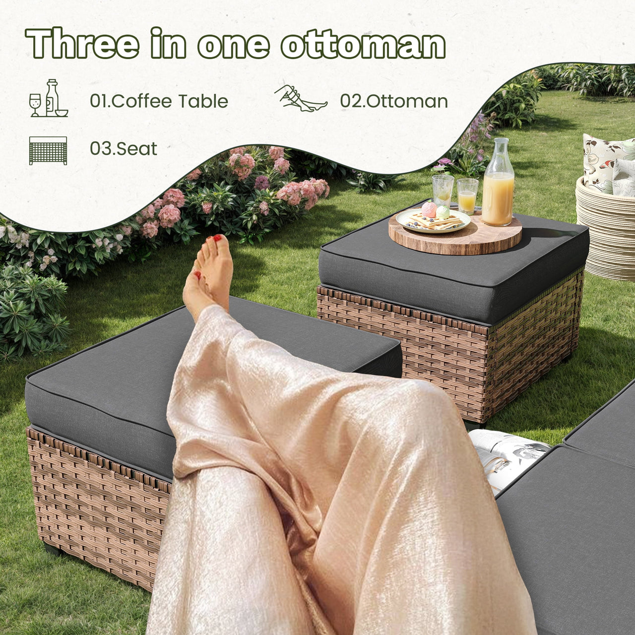 POTEBAN Patio Furniture Set with 44" Fire Pit Table, 7 Pieces Outdoor Sectional Couch, Black Wicker Rattan Conversation Sofa with Swivel Chair for Garden Backyard Deck, Dark Grey