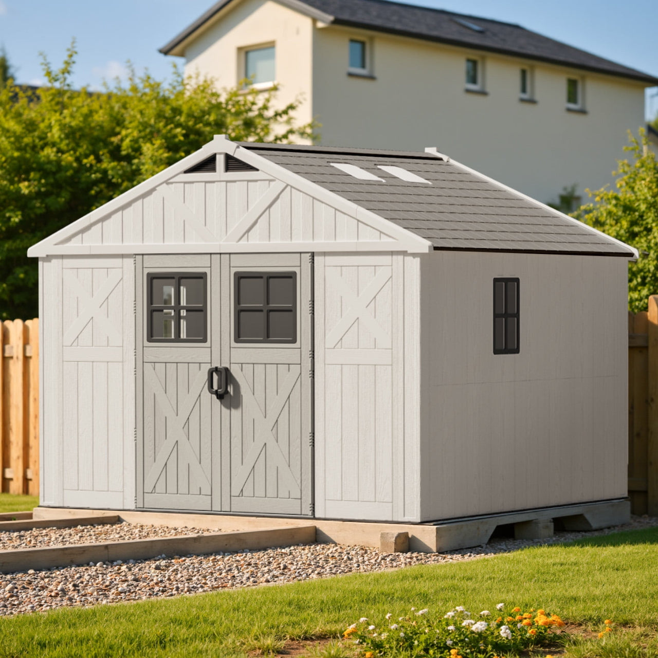 Patiowell 10x10ft Resin Garden Shed with Skylight & Lock, Weatherproof Outdoor Storage for Tools & Equipment, Beige