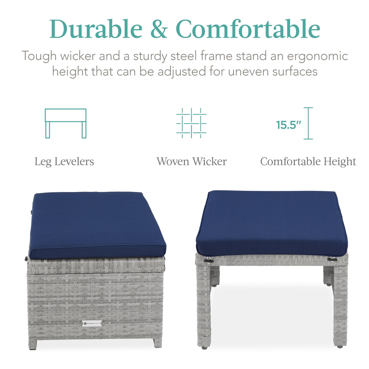 Best Choice Products Set of 2 Multipurpose Patio Wicker Ottomans w/ Removable Cushions - Gray/Navy