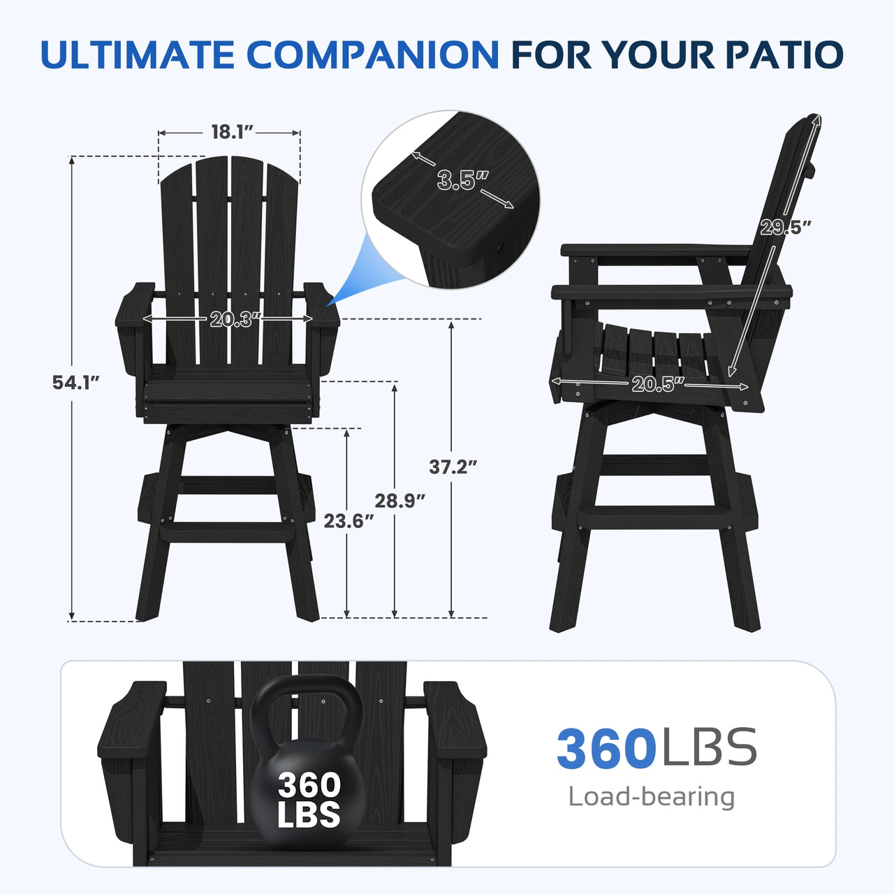 SERWALL HDPE Outdoor Swivel Bar Chairs Set of 2, Bar Height Adirondack Barstools, All Weather Pub Bar Chair, Black