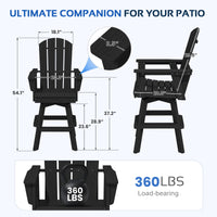SERWALL HDPE Outdoor Swivel Bar Chairs Set of 2, Bar Height Adirondack Barstools, All Weather Pub Bar Chair, Black