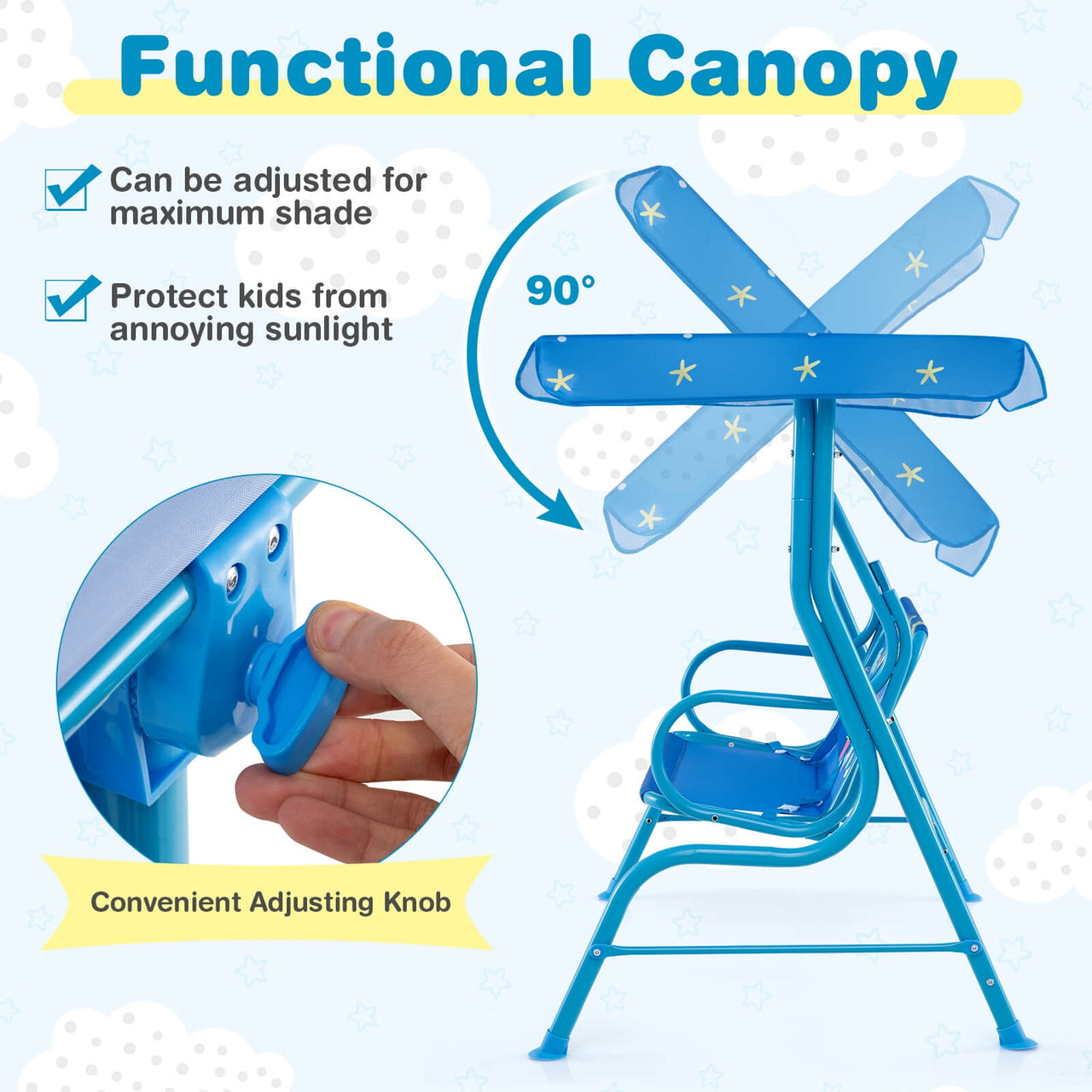 Costway 2-Seater Toddler Porch Swing Chair with Metal Stand Adjustable Canopy Safety Belts Blue