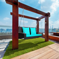 Costway 2-Person Patio Rattan Hanging Porch Swing Bench Chair Cushion Turquoise