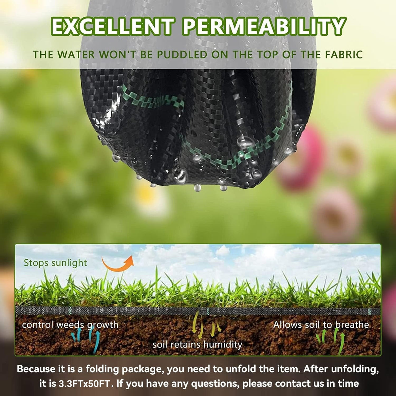 BSHAPPLUS® 3.3x50ft Weed Barrier Fabric,3.2OZ Landscape Fabric,Heavy Duty Geotextile Fabric with 12 U-Shaped Securing Pegs,Woven Ground Cover for Commercial Greenhouse,Yard,Garden Barrier Cloth