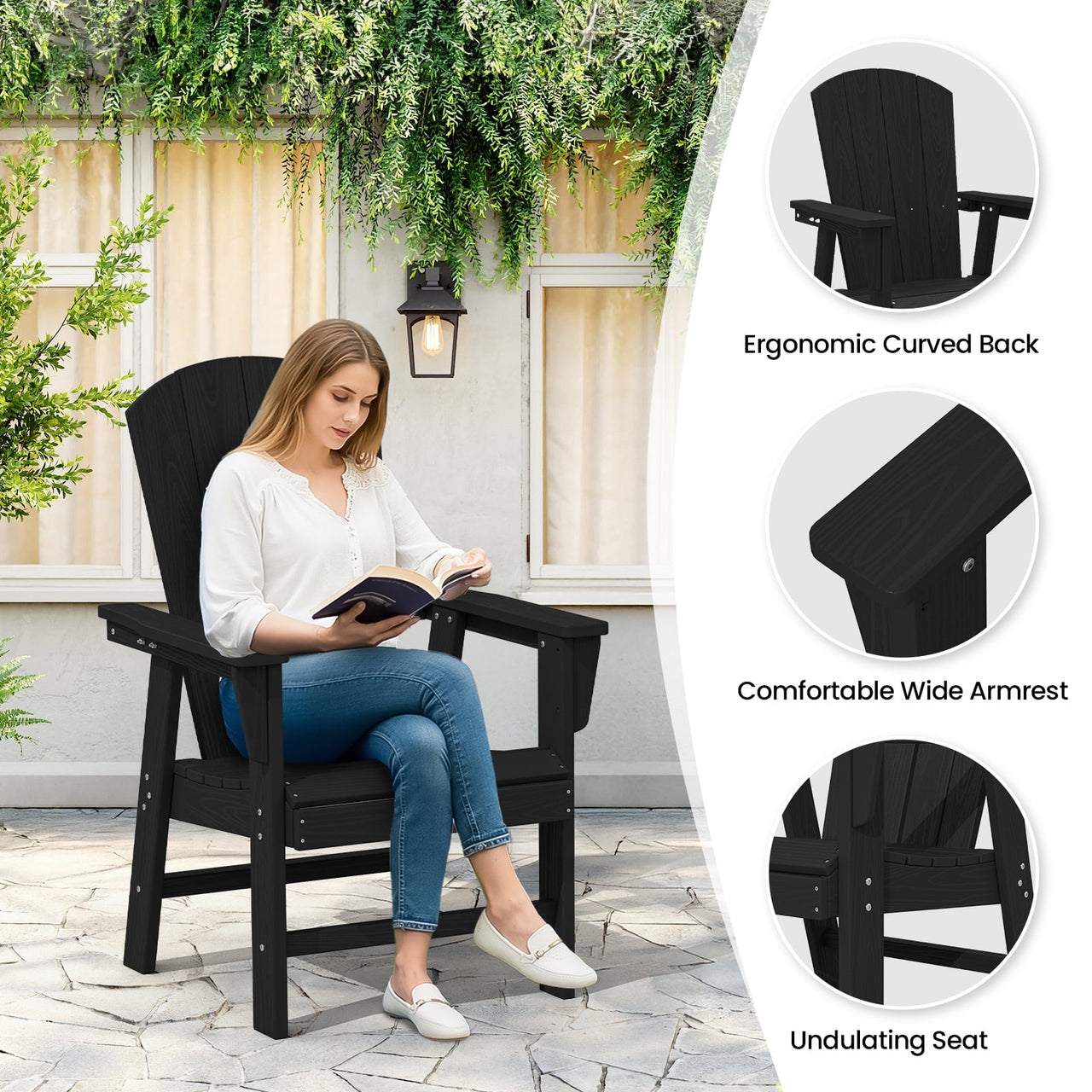Serwall Outdoor 5-Piece Round Dining Set, HDPE All Weather Patio Dining Set for 4, 45" Round Dining Table and 4 Adirondack Dining Chairs, Black