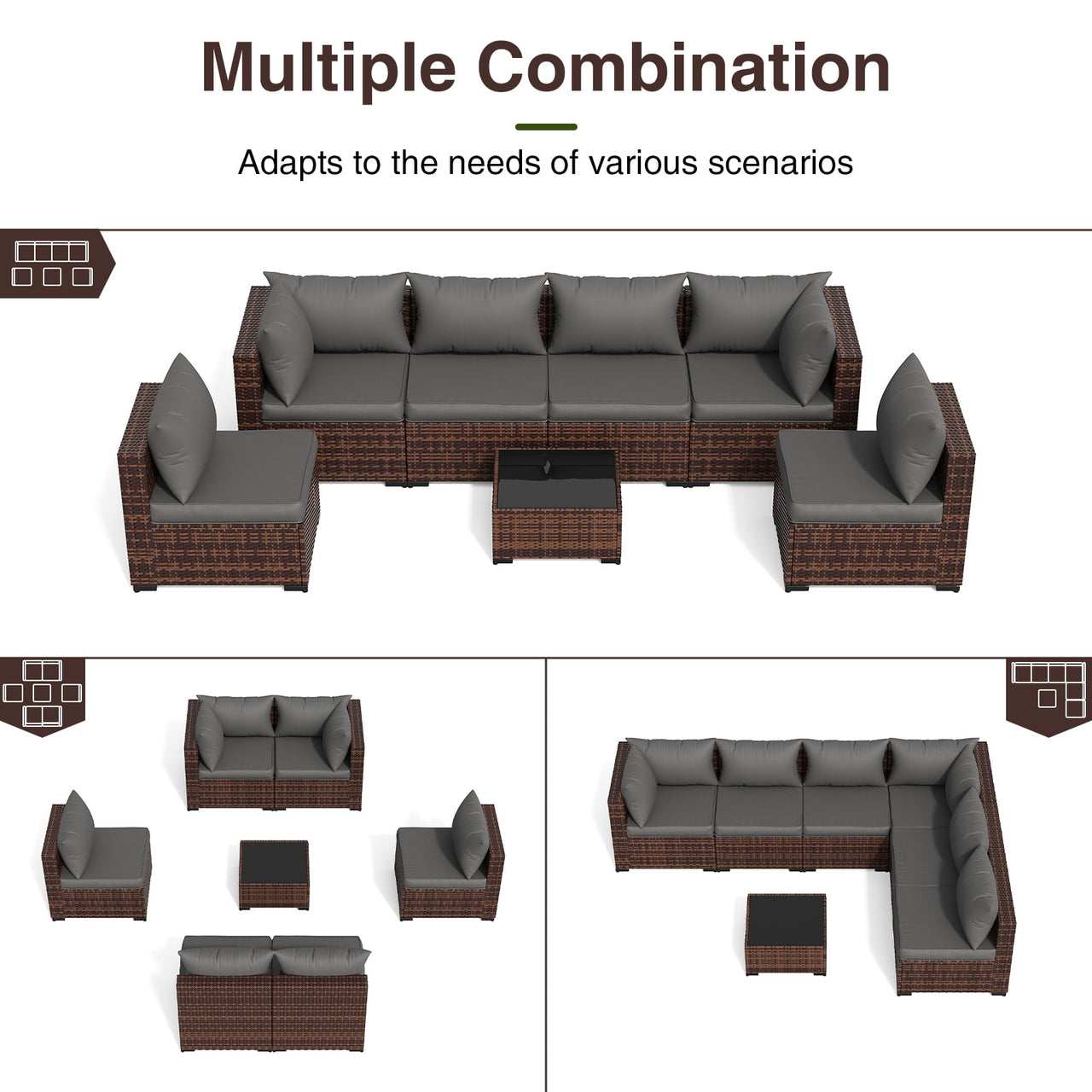 ELPOSUN Patio Furniture Set, Outdoor Patio Furniture Wicker Furniture Couch Set, 7 Pieces Outdoor Sectional Sofa, Patio Furniture Set, Outdoor Patio Set for Home Furniture (Grey)
