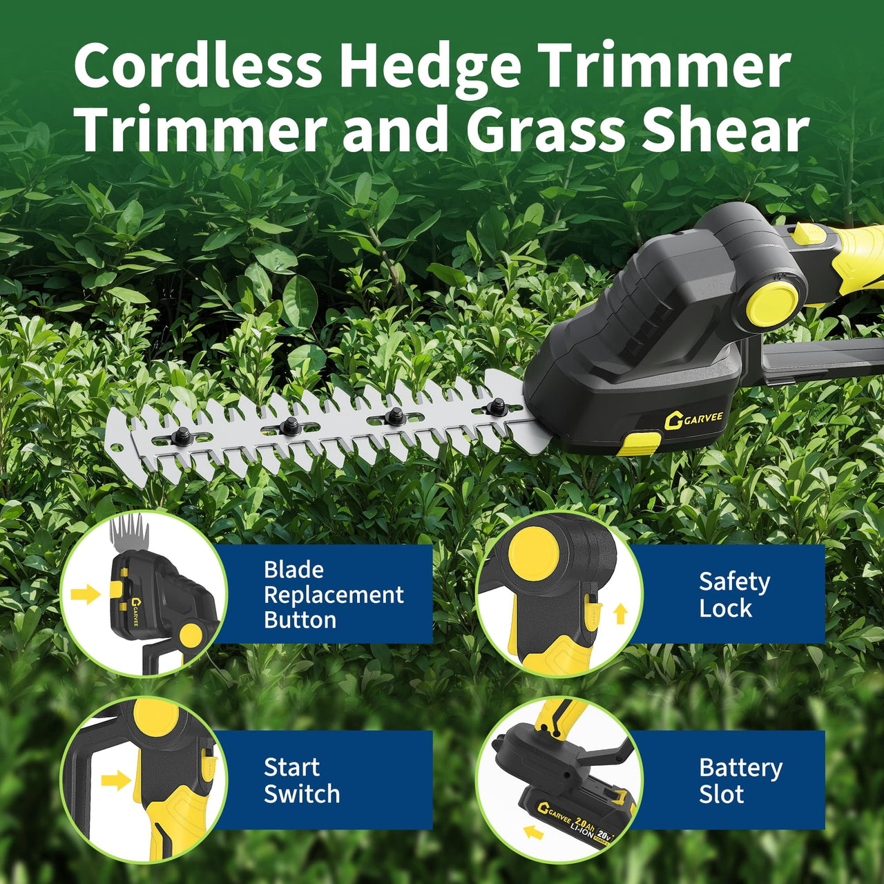 Cordless Hedge Trimmer 2-in-1, 20V 2.0Ah Electric Grass Shears & Hedge Trimmers with 2 Batteries & Charger, 120 Minutes Runtime, Adjustable Angle (15°/30°/45°)Lightweight Ergonomic Design for Garden