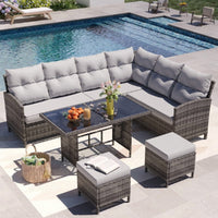 ELPOSUN 7-Piece Outdoor Patio Furniture Set - Sectional Sofa, Dining Table & Chairs Included, All-Weather Conversation Set with Ottoman, Gray Rattan,Gray