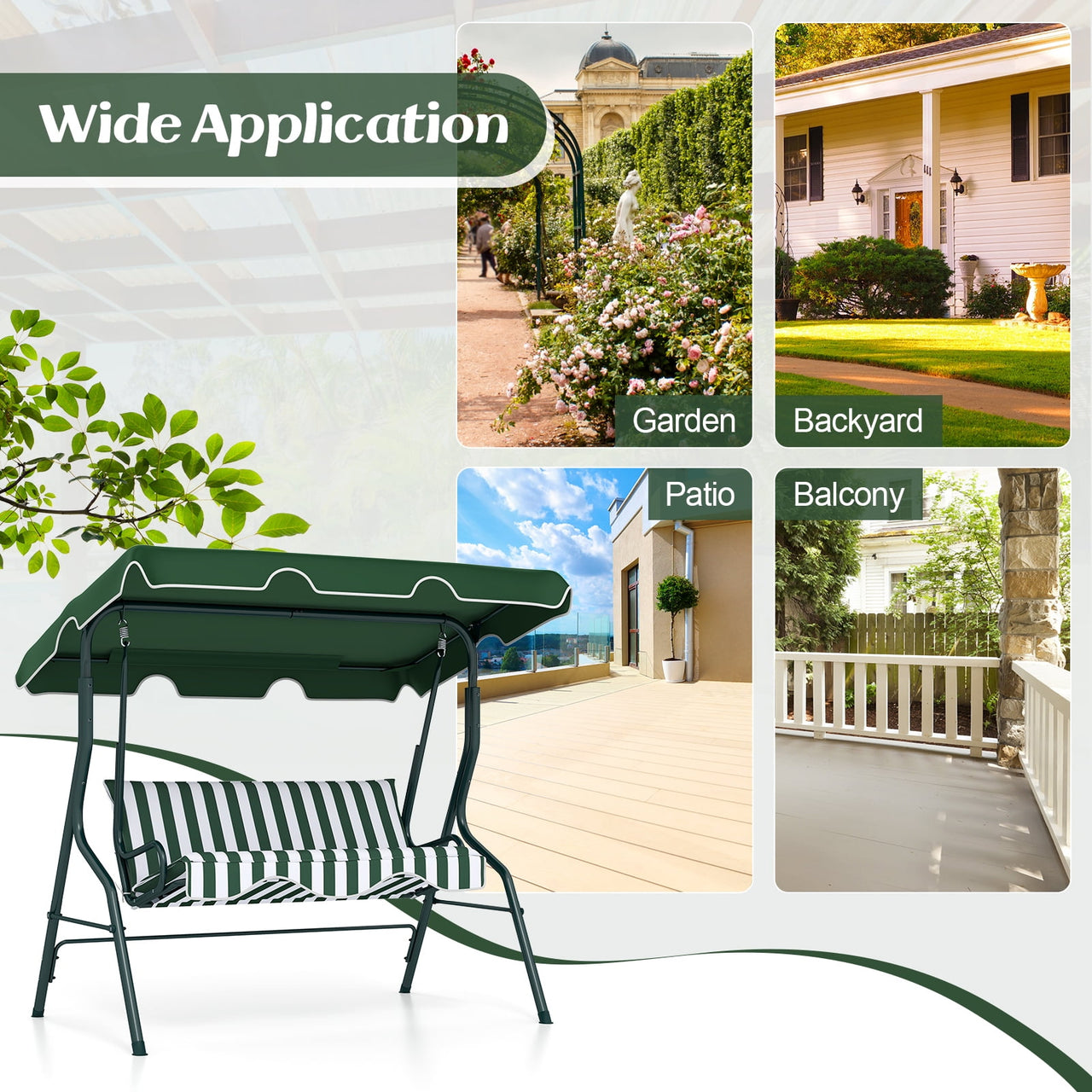 Costway 3 Seats Patio Backyard Canopy Steel Frame Swing Glider Hammock Cushioned