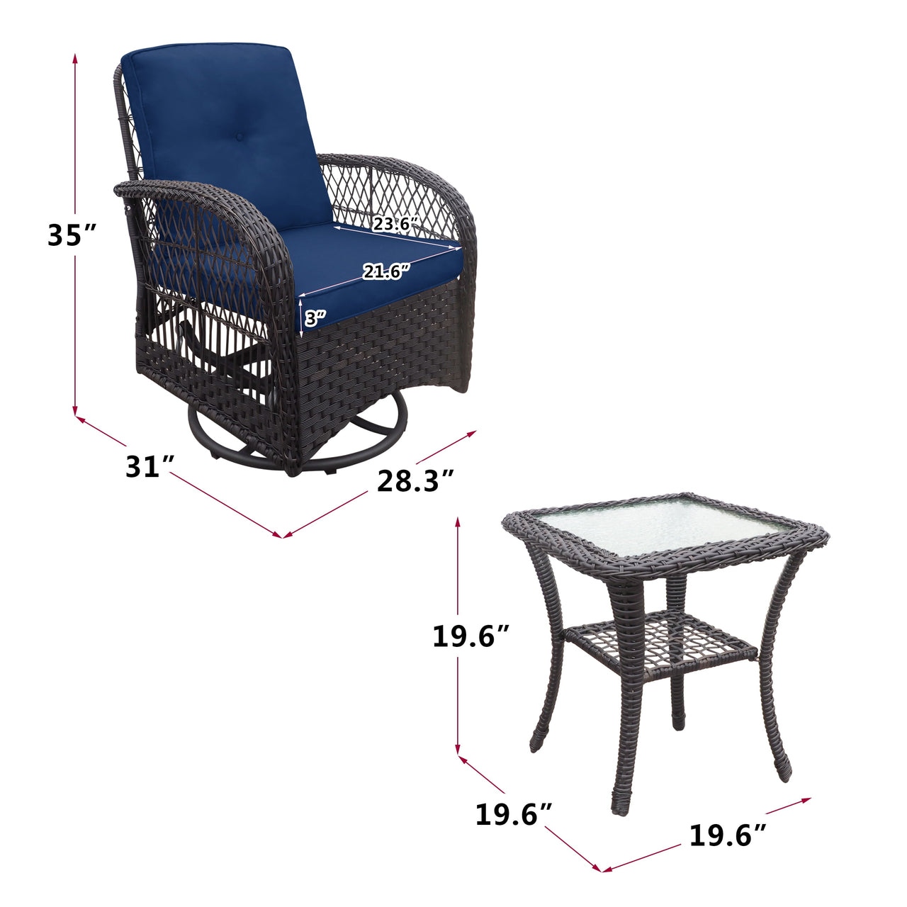 ATR ART TO REAL 3PCS Outdoor Wicker Swivel Rocker, Patio Rattan Furniture Rocker Set, Navy Blue