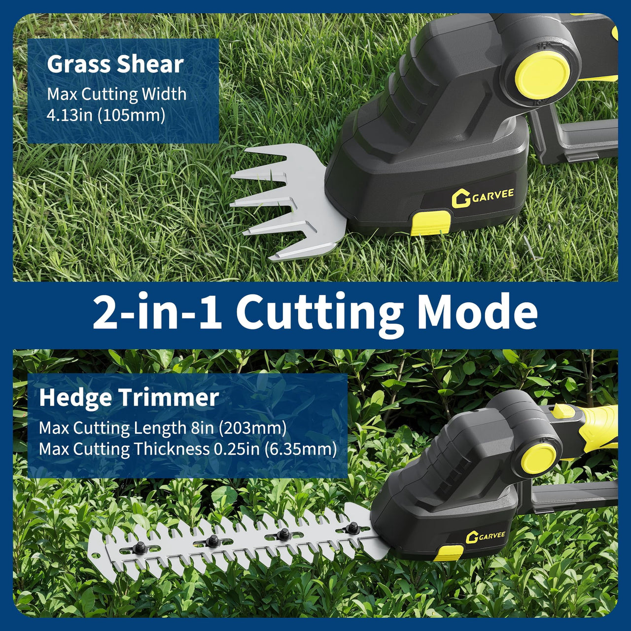 Cordless Hedge Trimmer 2-in-1, 20V 2.0Ah Electric Grass Shears & Hedge Trimmers with 2 Batteries & Charger, 120 Minutes Runtime, Adjustable Angle (15°/30°/45°)Lightweight Ergonomic Design for Garden