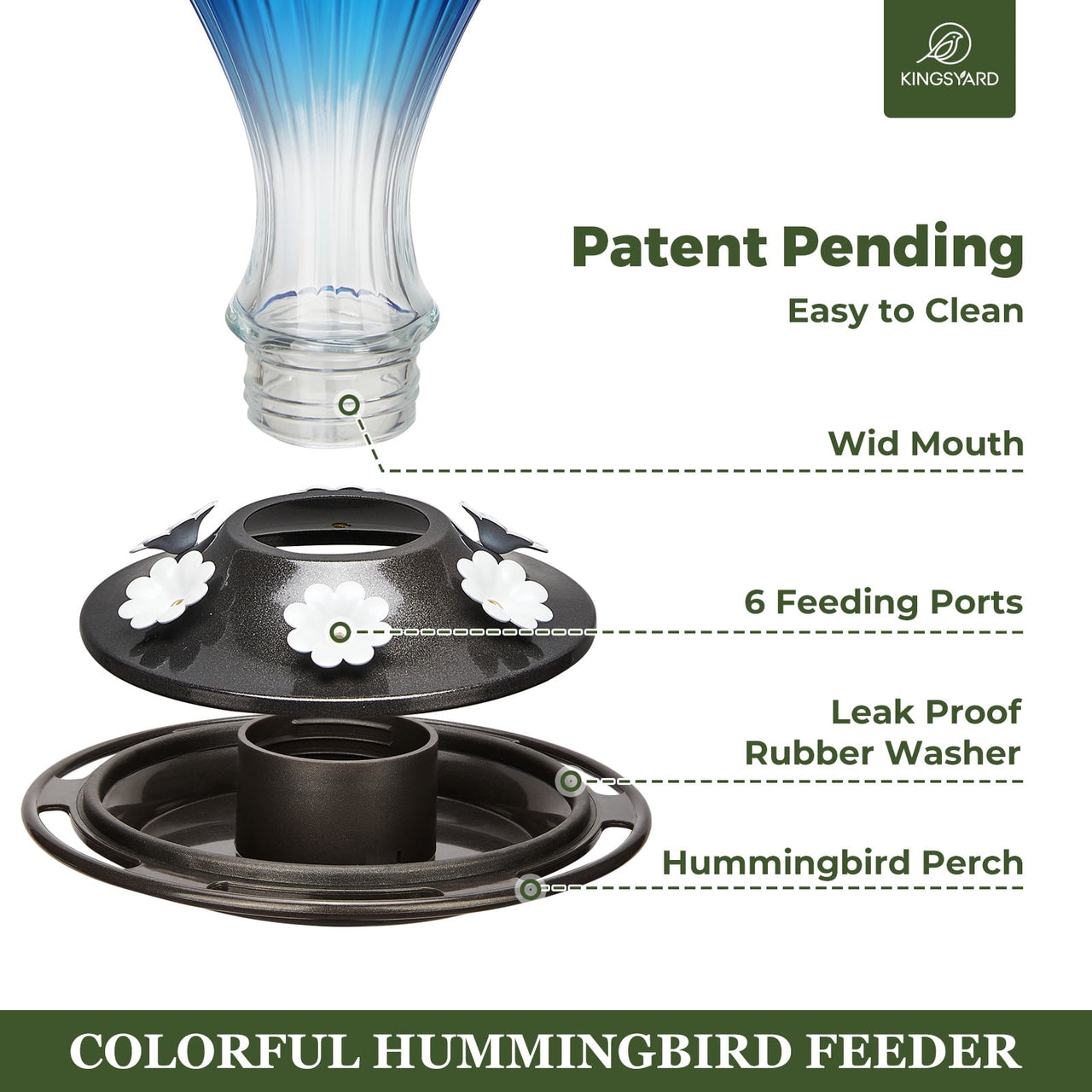 Kingsyard 2 Pack Glass Hummingbird Feeder with Ant Moat for Outdoors, 24 oz, 6 Feeding Ports, Blue