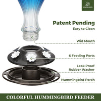 Kingsyard 2 Pack Glass Hummingbird Feeder with Ant Moat for Outdoors, 24 oz, 6 Feeding Ports, Blue
