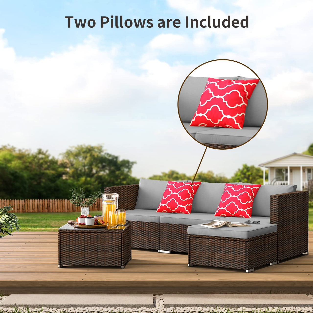 Patio Furniture Set Clearance, 5 Pieces Outdoor Conversation Set with Wicker Sofa Set and Tempered Glass Table for Garden & Backyard, Gray
